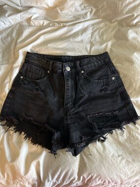 SHEIN Black Distressed High-Rise Denim Shorts